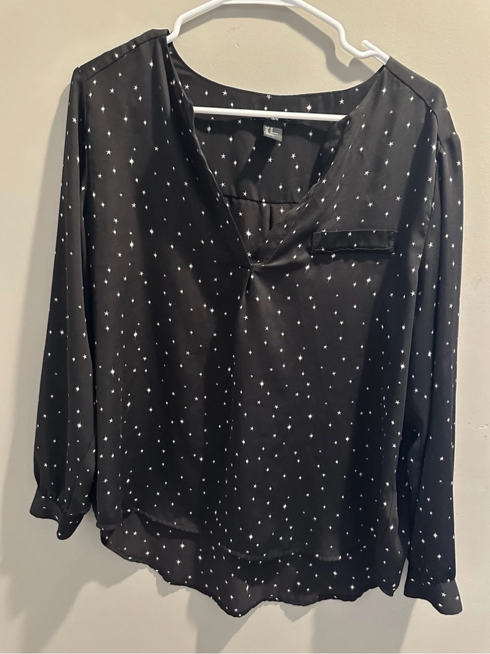 H&M Black Blouse with White Star Print - V-Neck Long Sleeve